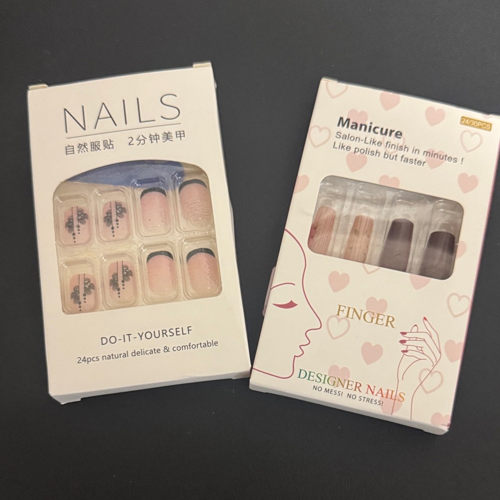 Designer Press-On Nails Set - Pink Ombré with Black Floral Accents
